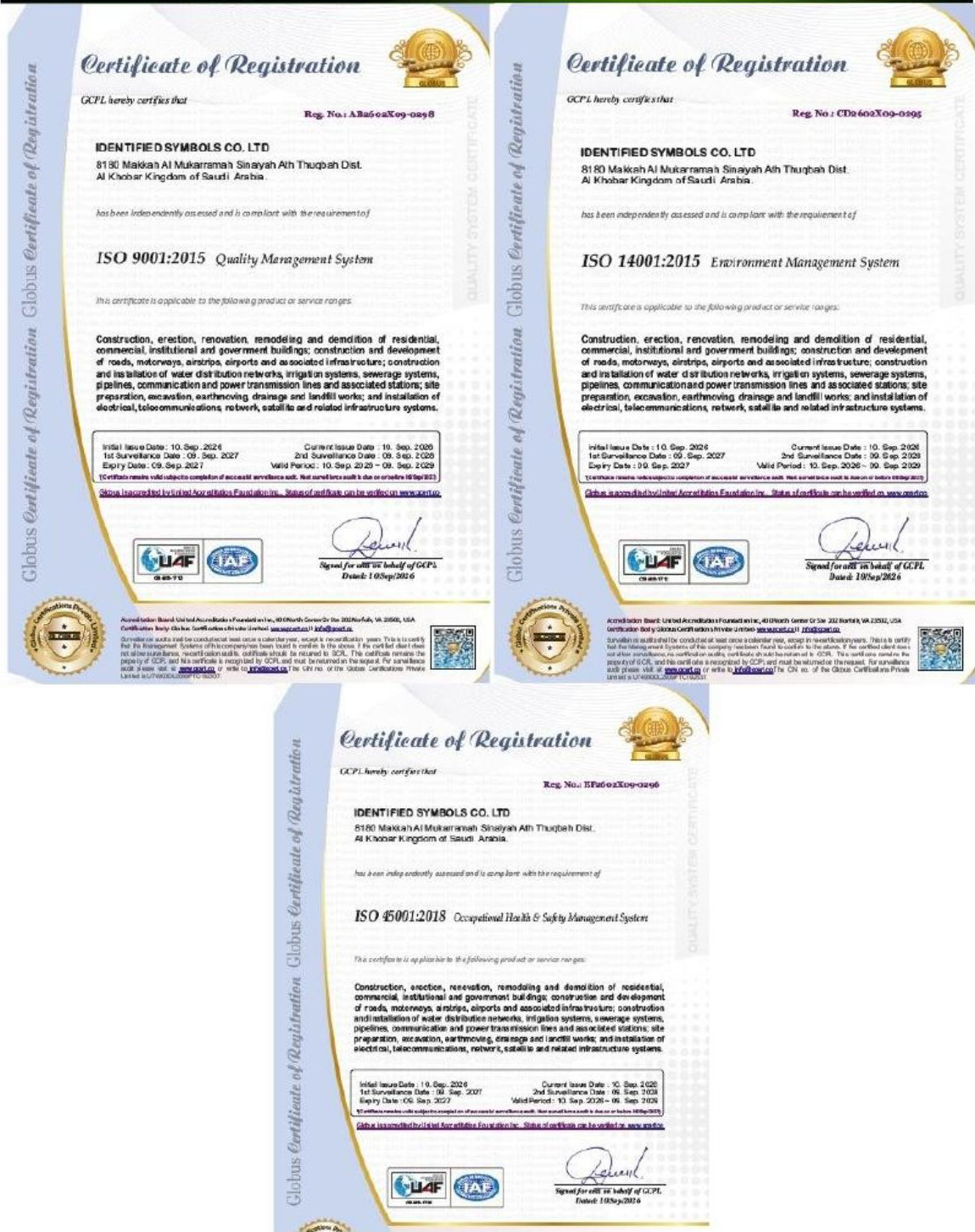 ISO 9001, ISO 14001 and ISO 45001 certificates of registration